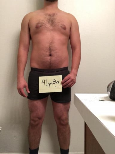 A before and after photo of a 5'7" male showing a snapshot of 169 pounds at a height of 5'7