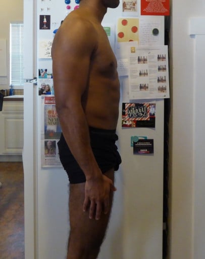 A before and after photo of a 5'7" male showing a snapshot of 145 pounds at a height of 5'7