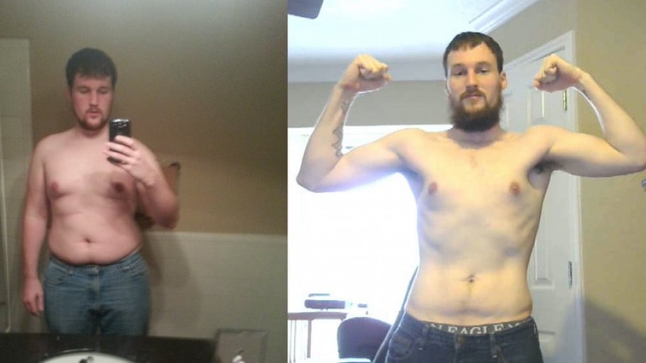 A progress pic of a 6'1" man showing a weight reduction from 250 pounds to 180 pounds. A respectable loss of 70 pounds.