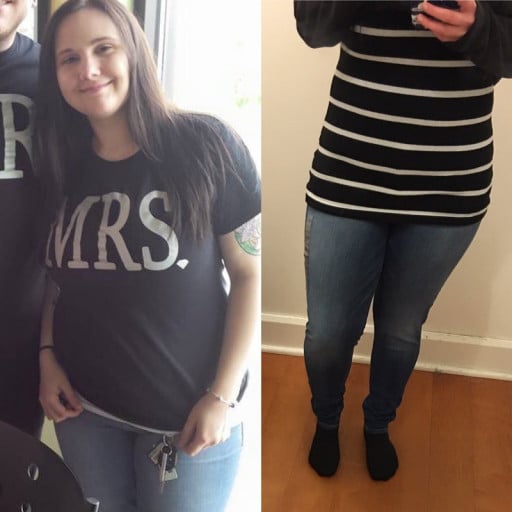 A progress pic of a 5'2" woman showing a weight cut from 184 pounds to 169 pounds. A net loss of 15 pounds.