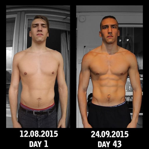 A before and after photo of a 5'10" male showing a weight reduction from 165 pounds to 160 pounds. A total loss of 5 pounds.