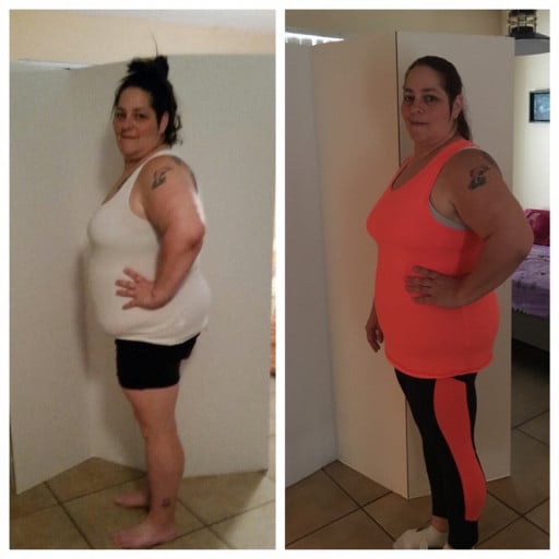 A progress pic of a 5'8" woman showing a fat loss from 299 pounds to 248 pounds. A net loss of 51 pounds.