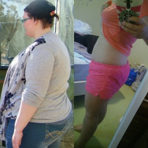 A picture of a 5'10" female showing a weight loss from 340 pounds to 250 pounds. A respectable loss of 90 pounds.