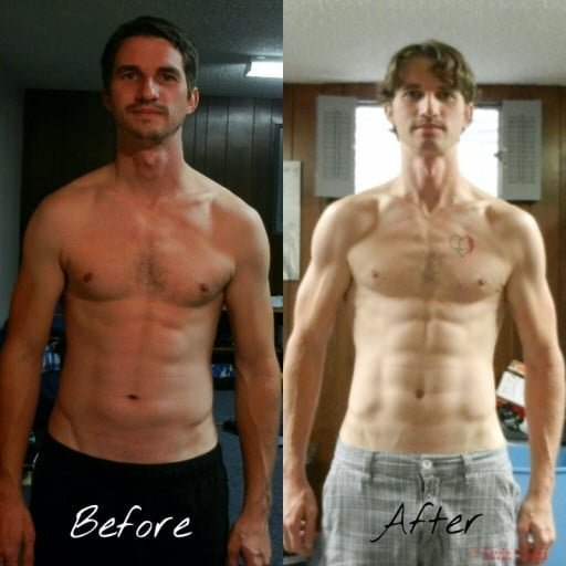 A before and after photo of a 5'10" male showing a weight reduction from 165 pounds to 150 pounds. A respectable loss of 15 pounds.