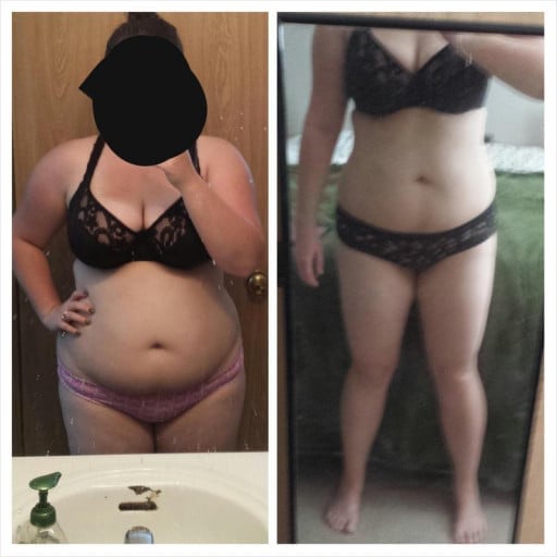 A progress pic of a 5'3" woman showing a fat loss from 207 pounds to 170 pounds. A total loss of 37 pounds.