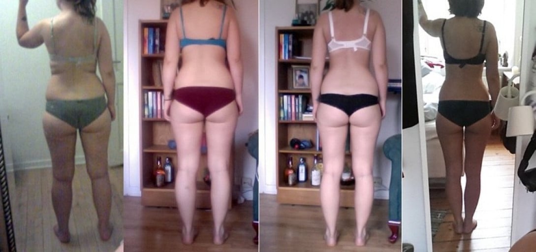 A photo of a 5'6" woman showing a fat loss from 178 pounds to 136 pounds. A total loss of 42 pounds.