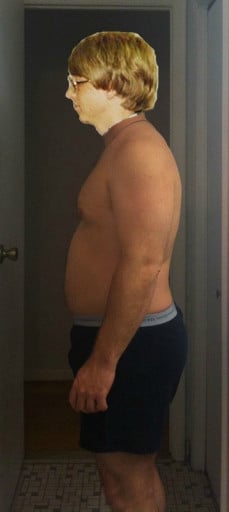 A before and after photo of a 5'10" male showing a snapshot of 215 pounds at a height of 5'10