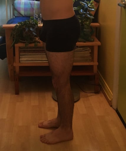 A before and after photo of a 5'5" male showing a snapshot of 136 pounds at a height of 5'5