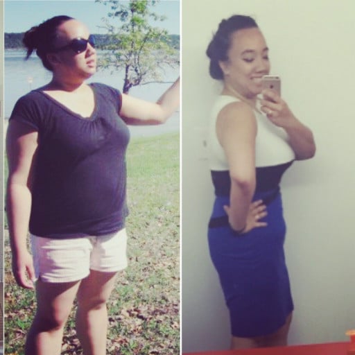 A progress pic of a 5'7" woman showing a fat loss from 228 pounds to 183 pounds. A respectable loss of 45 pounds.