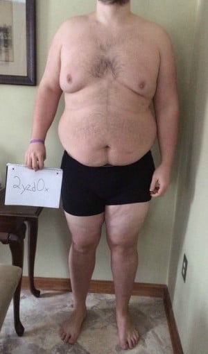 A before and after photo of a 6'5" male showing a snapshot of 343 pounds at a height of 6'5