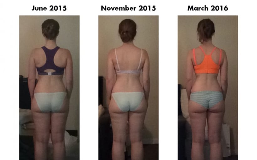 A photo of a 5'4" woman showing a fat loss from 138 pounds to 122 pounds. A net loss of 16 pounds.