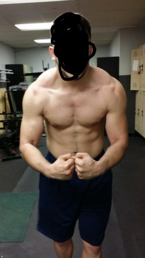 A photo of a 5'8" man showing a weight bulk from 145 pounds to 198 pounds. A net gain of 53 pounds.