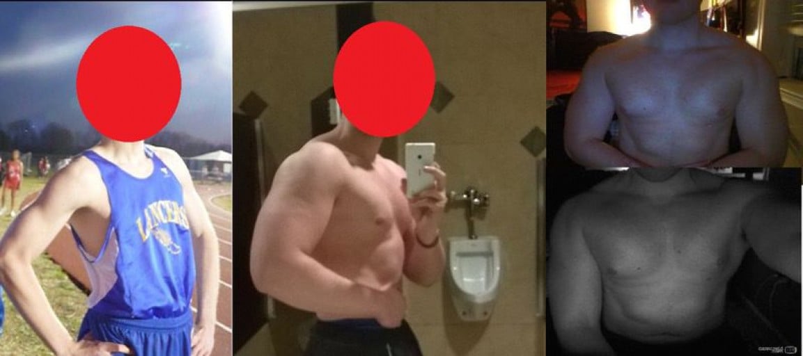 A before and after photo of a 5'10" male showing a weight bulk from 138 pounds to 206 pounds. A net gain of 68 pounds.