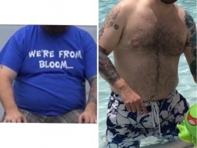 A before and after photo of a 6'0" male showing a weight reduction from 260 pounds to 215 pounds. A net loss of 45 pounds.