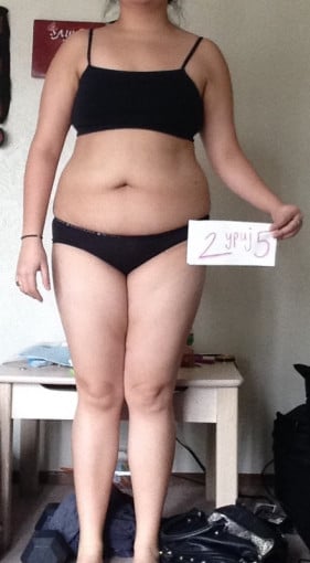 A progress pic of a 5'5" woman showing a snapshot of 174 pounds at a height of 5'5