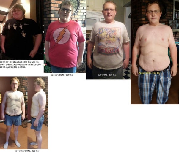 A picture of a 5'10" male showing a weight loss from 350 pounds to 230 pounds. A respectable loss of 120 pounds.