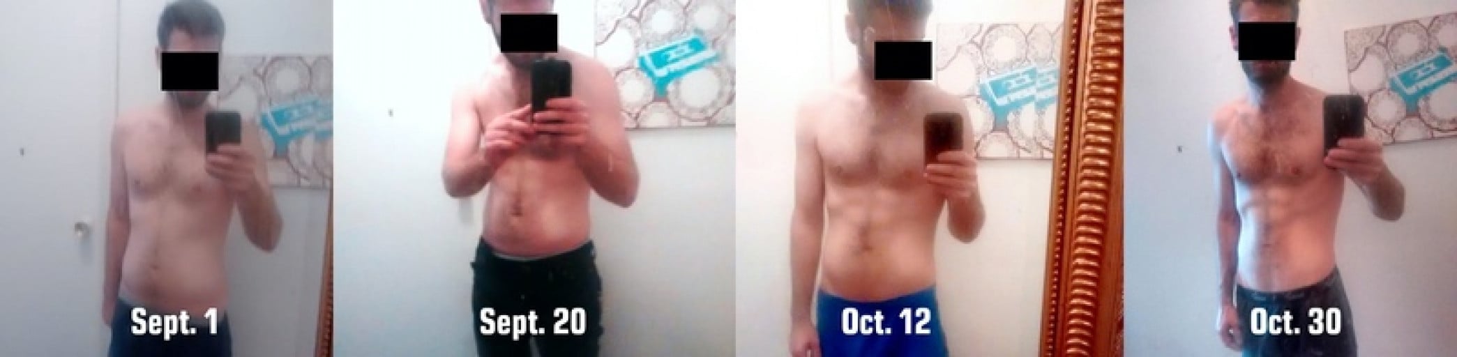 A progress pic of a 5'8" man showing a fat loss from 154 pounds to 138 pounds. A respectable loss of 16 pounds.