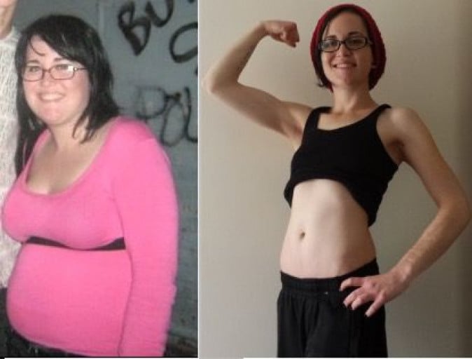 A picture of a 5'3" female showing a weight loss from 200 pounds to 110 pounds. A net loss of 90 pounds.