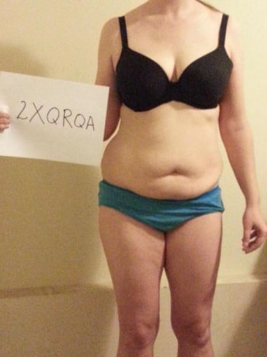 A before and after photo of a 5'7" female showing a snapshot of 159 pounds at a height of 5'7