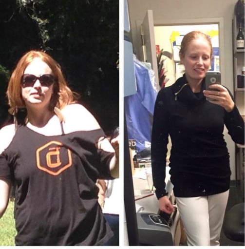 A progress pic of a 5'9" woman showing a fat loss from 178 pounds to 150 pounds. A total loss of 28 pounds.