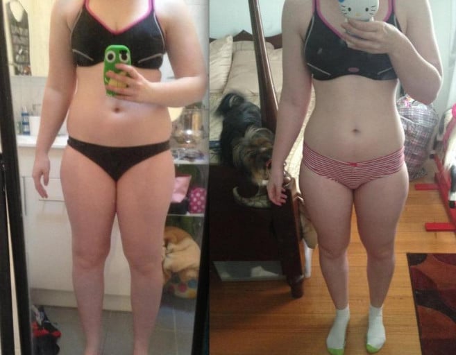 A progress pic of a 5'6" woman showing a fat loss from 163 pounds to 142 pounds. A total loss of 21 pounds.
