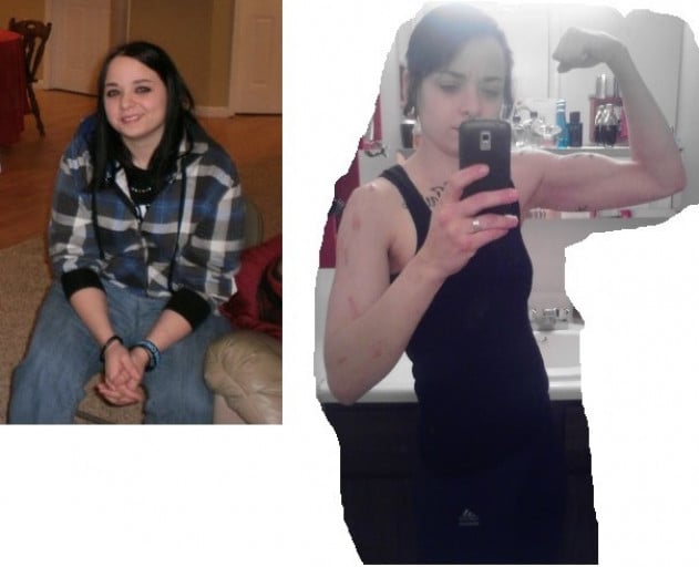 A picture of a 5'3" female showing a weight loss from 170 pounds to 120 pounds. A total loss of 50 pounds.
