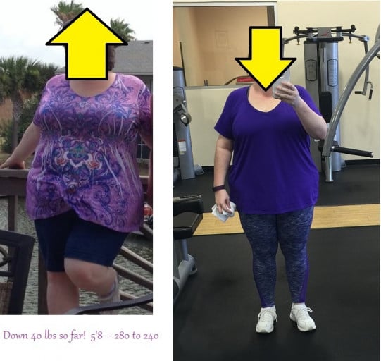 A progress pic of a 5'8" woman showing a fat loss from 280 pounds to 240 pounds. A respectable loss of 40 pounds.