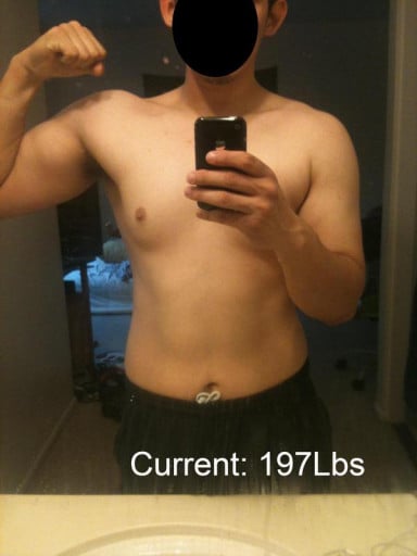 A before and after photo of a 5'10" male showing a weight reduction from 230 pounds to 197 pounds. A respectable loss of 33 pounds.