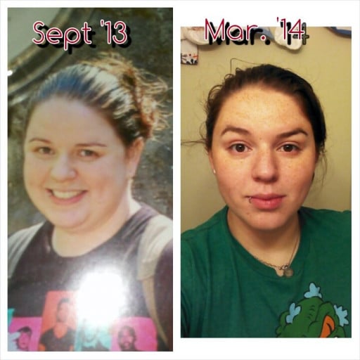 A progress pic of a 5'7" woman showing a fat loss from 238 pounds to 208 pounds. A respectable loss of 30 pounds.