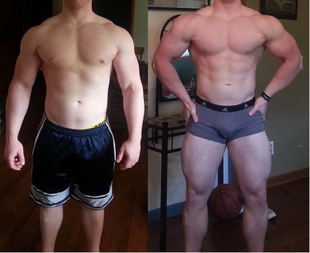 A picture of a 5'10" male showing a muscle gain from 225 pounds to 230 pounds. A net gain of 5 pounds.