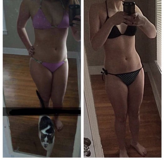 A photo of a 5'6" woman showing a weight reduction from 165 pounds to 136 pounds. A respectable loss of 29 pounds.