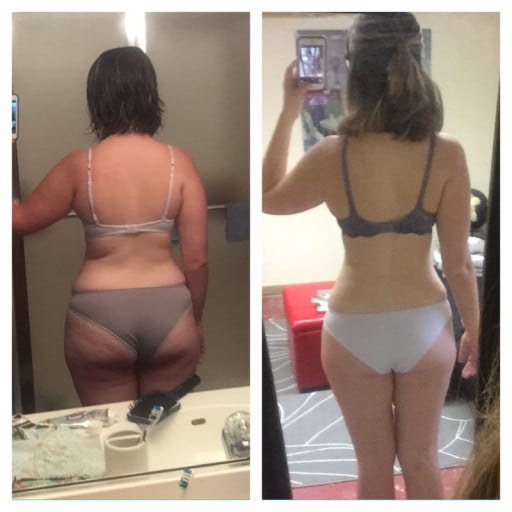 A before and after photo of a 5'6" female showing a weight loss from 153 pounds to 140 pounds. A net loss of 13 pounds.