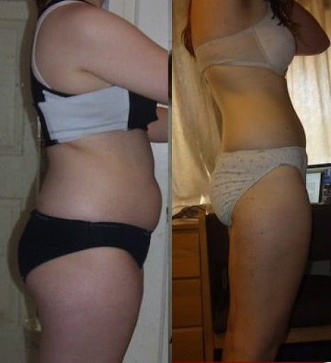 A before and after photo of a 5'9" female showing a weight reduction from 190 pounds to 165 pounds. A net loss of 25 pounds.