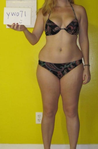 A before and after photo of a 5'6" female showing a snapshot of 167 pounds at a height of 5'6