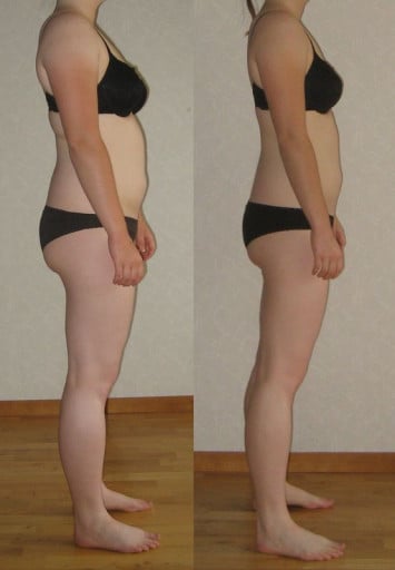 A photo of a 5'9" woman showing a fat loss from 180 pounds to 162 pounds. A respectable loss of 18 pounds.
