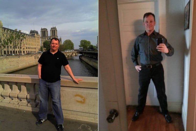 A progress pic of a 5'10" man showing a fat loss from 249 pounds to 187 pounds. A respectable loss of 62 pounds.