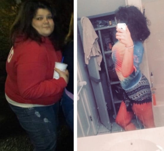 A progress pic of a 5'10" woman showing a weight cut from 324 pounds to 150 pounds. A net loss of 174 pounds.