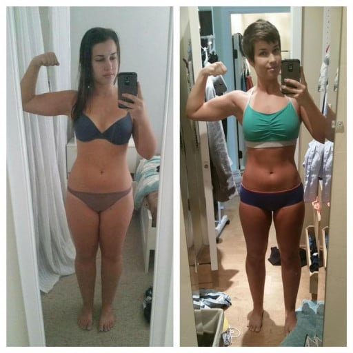 A progress pic of a 5'4" woman showing a weight cut from 168 pounds to 138 pounds. A net loss of 30 pounds.