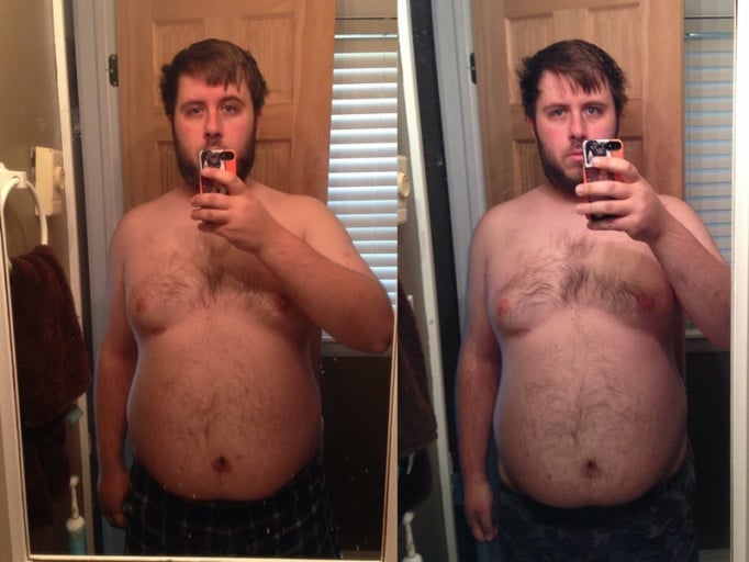 A before and after photo of a 5'11" male showing a weight reduction from 265 pounds to 254 pounds. A respectable loss of 11 pounds.