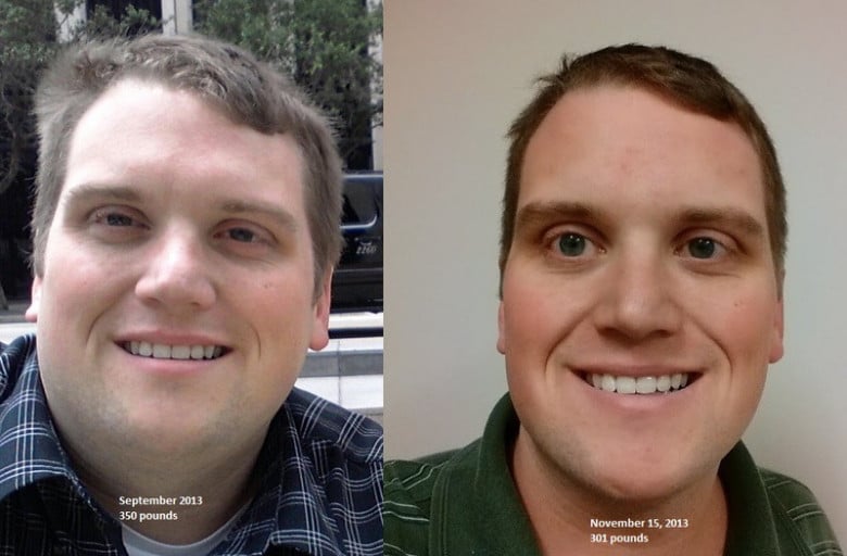 A before and after photo of a 6'0" male showing a weight reduction from 350 pounds to 301 pounds. A total loss of 49 pounds.