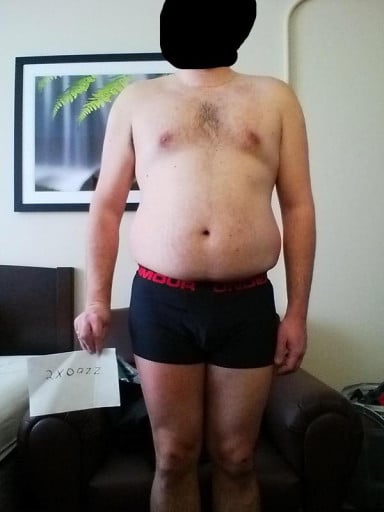 A before and after photo of a 6'0" male showing a snapshot of 215 pounds at a height of 6'0
