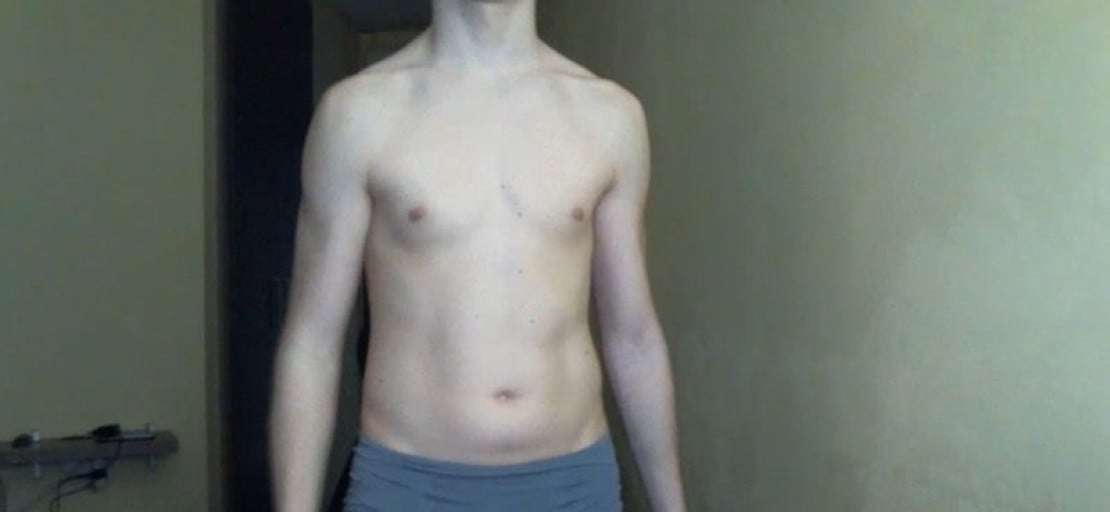 A progress pic of a 5'11" man showing a weight gain from 136 pounds to 165 pounds. A respectable gain of 29 pounds.