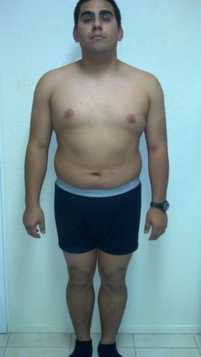 A before and after photo of a 5'6" male showing a snapshot of 195 pounds at a height of 5'6
