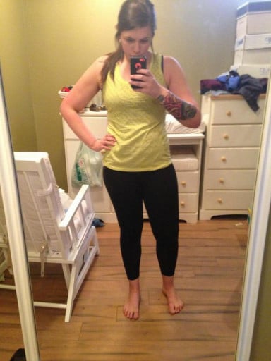 A picture of a 5'6" female showing a weight loss from 235 pounds to 168 pounds. A total loss of 67 pounds.