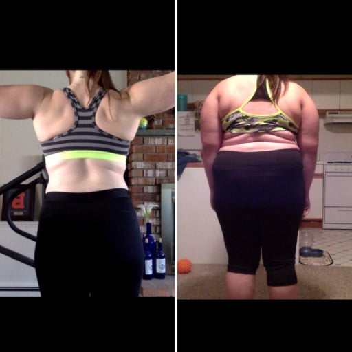 A photo of a 5'3" woman showing a weight cut from 233 pounds to 161 pounds. A net loss of 72 pounds.