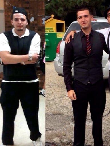 A progress pic of a 6'0" man showing a fat loss from 240 pounds to 205 pounds. A respectable loss of 35 pounds.