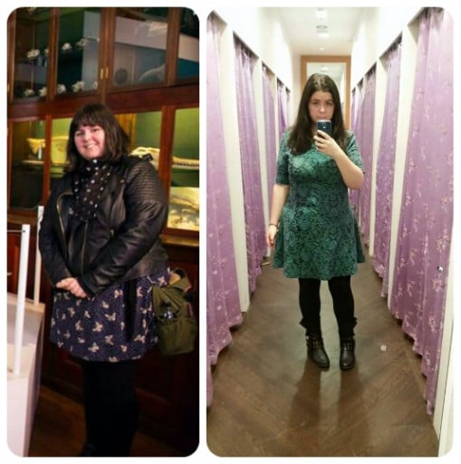 A progress pic of a 5'7" woman showing a fat loss from 283 pounds to 199 pounds. A total loss of 84 pounds.