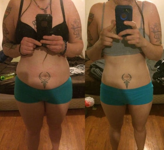 A before and after photo of a 5'8" female showing a weight reduction from 183 pounds to 149 pounds. A total loss of 34 pounds.