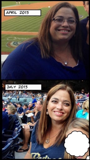 A before and after photo of a 5'5" female showing a weight reduction from 221 pounds to 181 pounds. A net loss of 40 pounds.