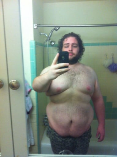 A before and after photo of a 5'11" male showing a weight cut from 380 pounds to 250 pounds. A total loss of 130 pounds.